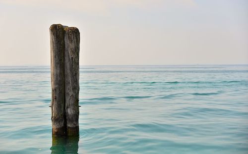 Close-up of wooden posts in sea against clear sky