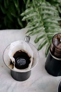 High angle view of coffee on table