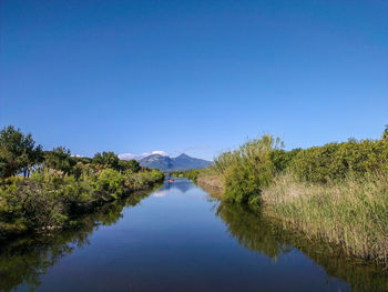 Scenic view of lake against clear blue sky