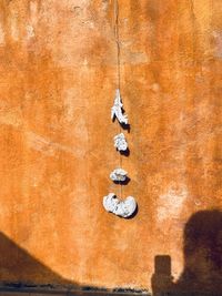 Close-up of key hanging on rock against wall