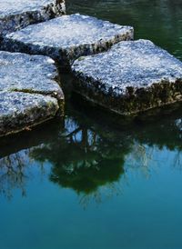 High angle view of rocks in lake