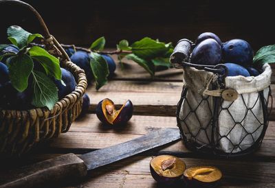 Close-up of fruits in basket on table