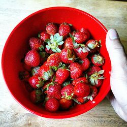 Cropped image of hand holding strawberries in red bowl on table