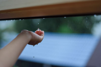 Close-up of hand on window