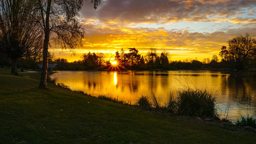 Scenic view of lake against sky during sunset