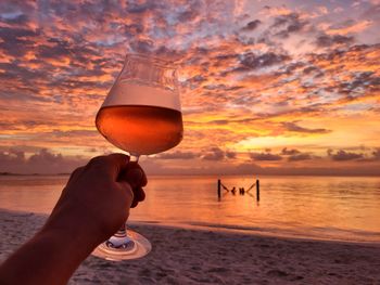 Cropped hand holding glass of rose wine on beach in sunset