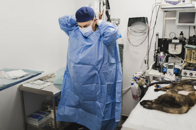 Veterinarian in uniform and mask preparing for operating cat lying on table in surgery room