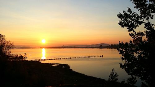 Scenic view of lake against sky during sunset