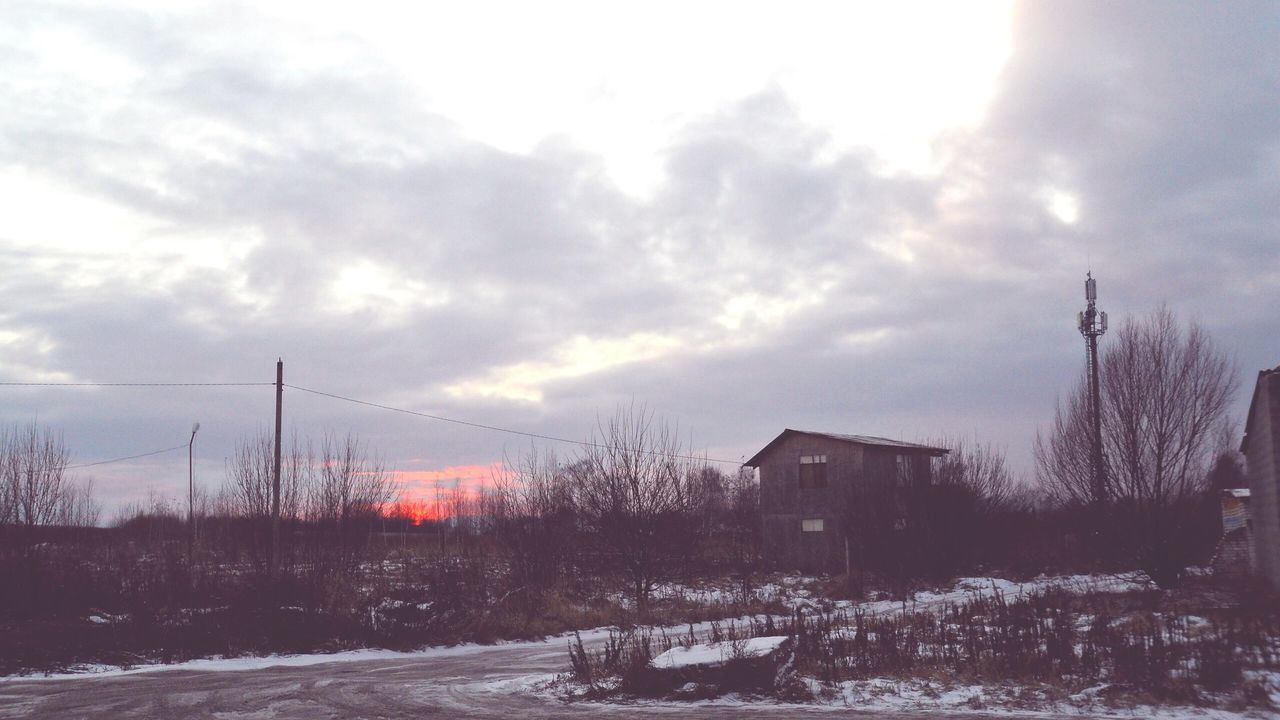 building exterior, architecture, built structure, snow, winter, cold temperature, sky, weather, cloud - sky, house, sunset, season, sun, nature, field, cloudy, bare tree, covering, sunlight, residential structure