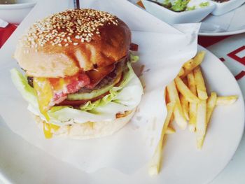 High angle view of burger and french fries in plate