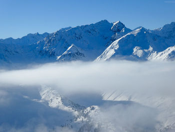 Scenic view of snowcapped mountains against sky