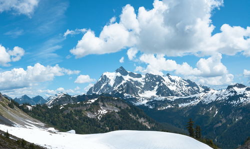 Scenic view of snowcapped mountains against sky