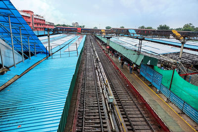 High angle view of railroad station against sky