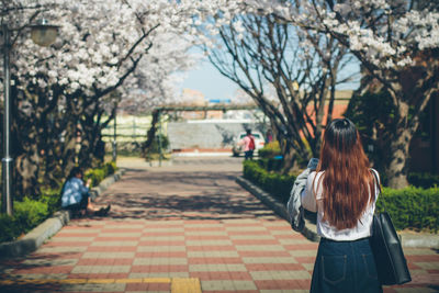 Rear view of woman against trees