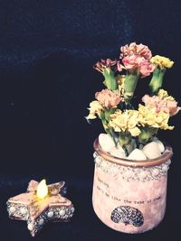 High angle view of flower vase against black background