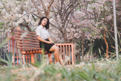 Full length of woman sitting on bench against trees