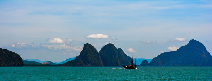 Scenic view of sea and mountains against sky