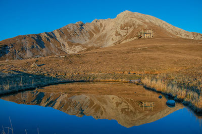 Scenic view of lake and mountains against clear blue sky