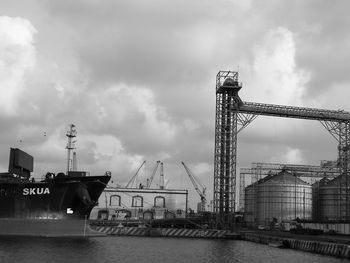 Cranes at riverbank against sky