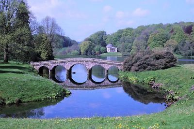 Arch bridge over lake against sky