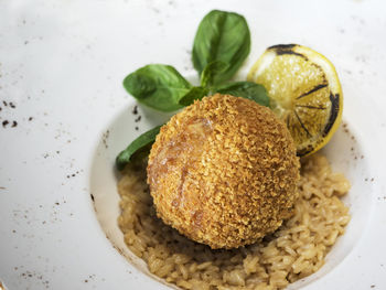 High angle close-up of fish cutlet served with rice in plate