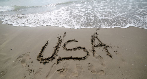 High angle view of text on beach