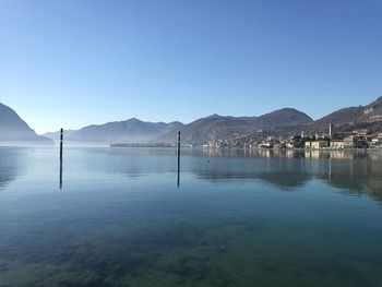 Scenic view of lake against clear blue sky