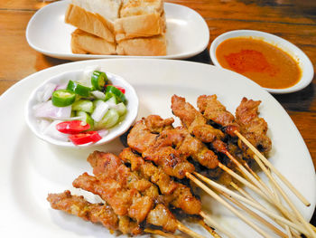 High angle view of food in plate on table