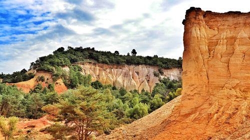 View of rock formations against cloudy sky