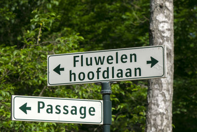 Close-up of road sign against trees