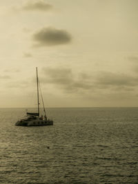 Sailboat sailing on sea against sky during sunset