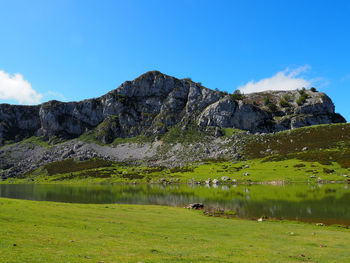 Scenic view of lake and mountains against sky