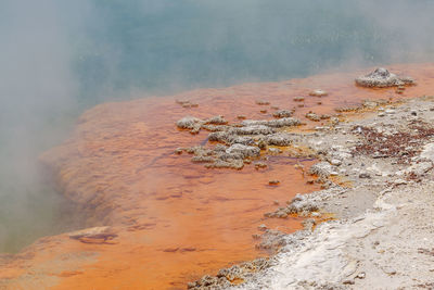 High angle view of steam emitting from hot spring