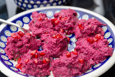 High angle view of strawberries in bowl