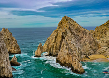 Panoramic view of sea and rock formation against sky