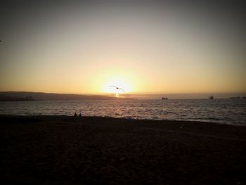 Silhouette people on beach against sky during sunset