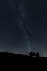 Low angle view of silhouette field against sky at night with milky way