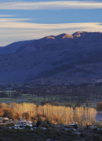 Scenic view of snowcapped mountains by lake against sky