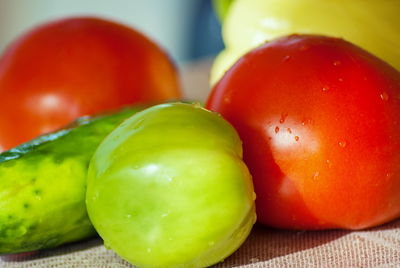 Close-up of wet tomatoes on table