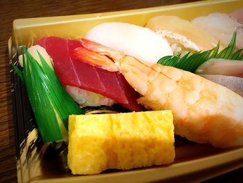 Close-up of food served on table