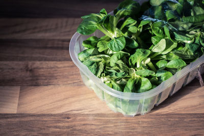 High angle view of salad in bowl on table