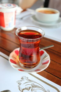 Close-up of tea cup on table