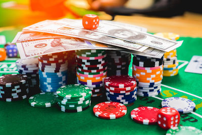 Close-up of multi colored objects on table