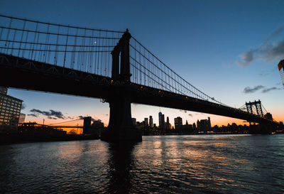 Silhouette of suspension bridge over river during sunset