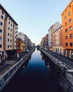 Canal amidst buildings against clear sky in city