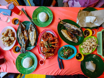 High angle view of food on table