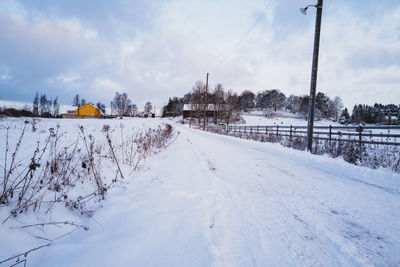 Snow covered field against sky