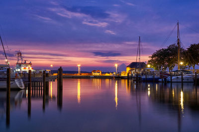 View of marina at sunset