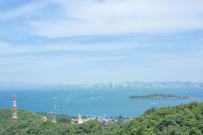 High angle view,beautiful views of koh lan, mountains and sea along the corridor of the boat.