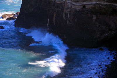 Close-up of waves splashing against blue sky